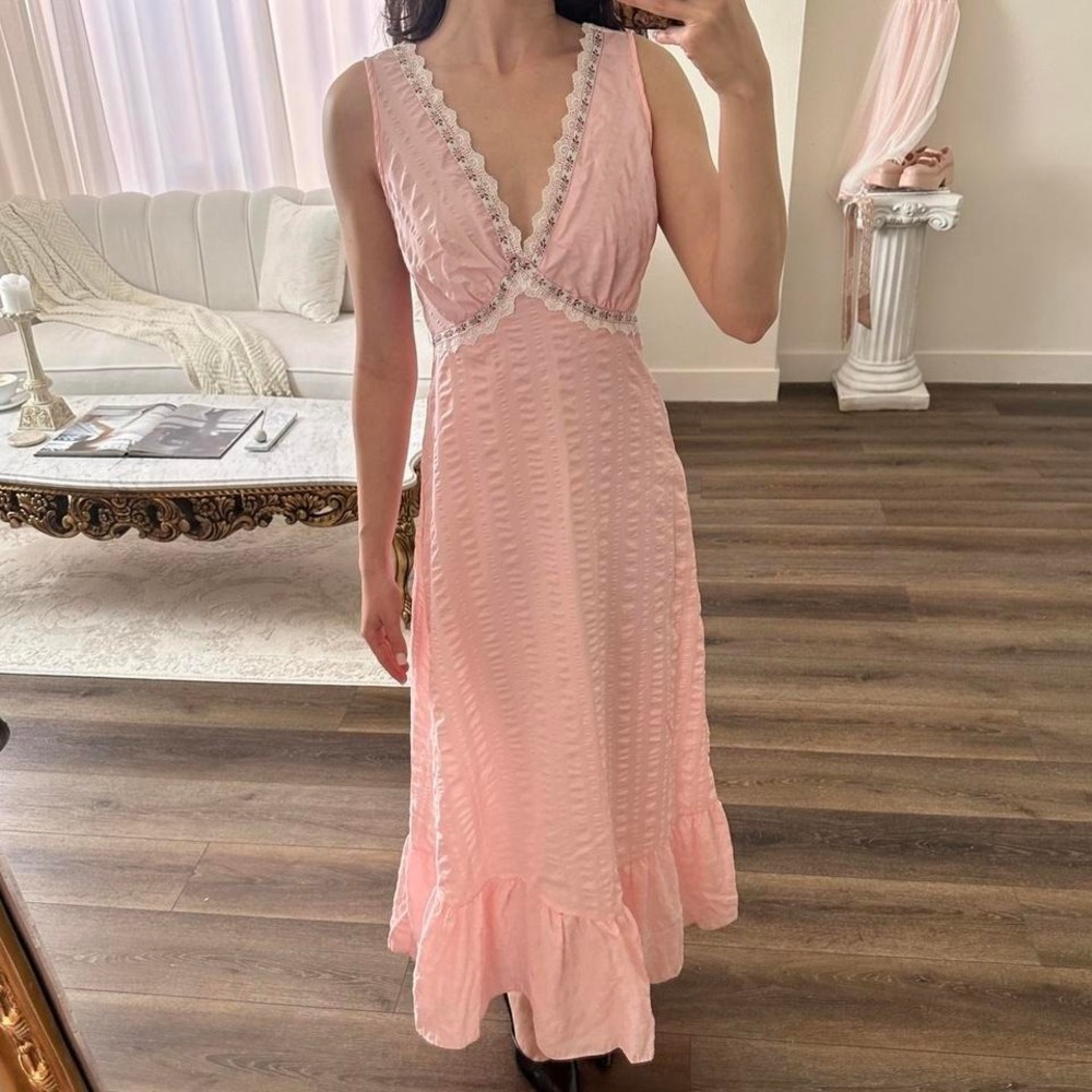 Vintage Lydia Deutsch S Pink Coquette Floral Embroidered Lace Trim Maxi Dress